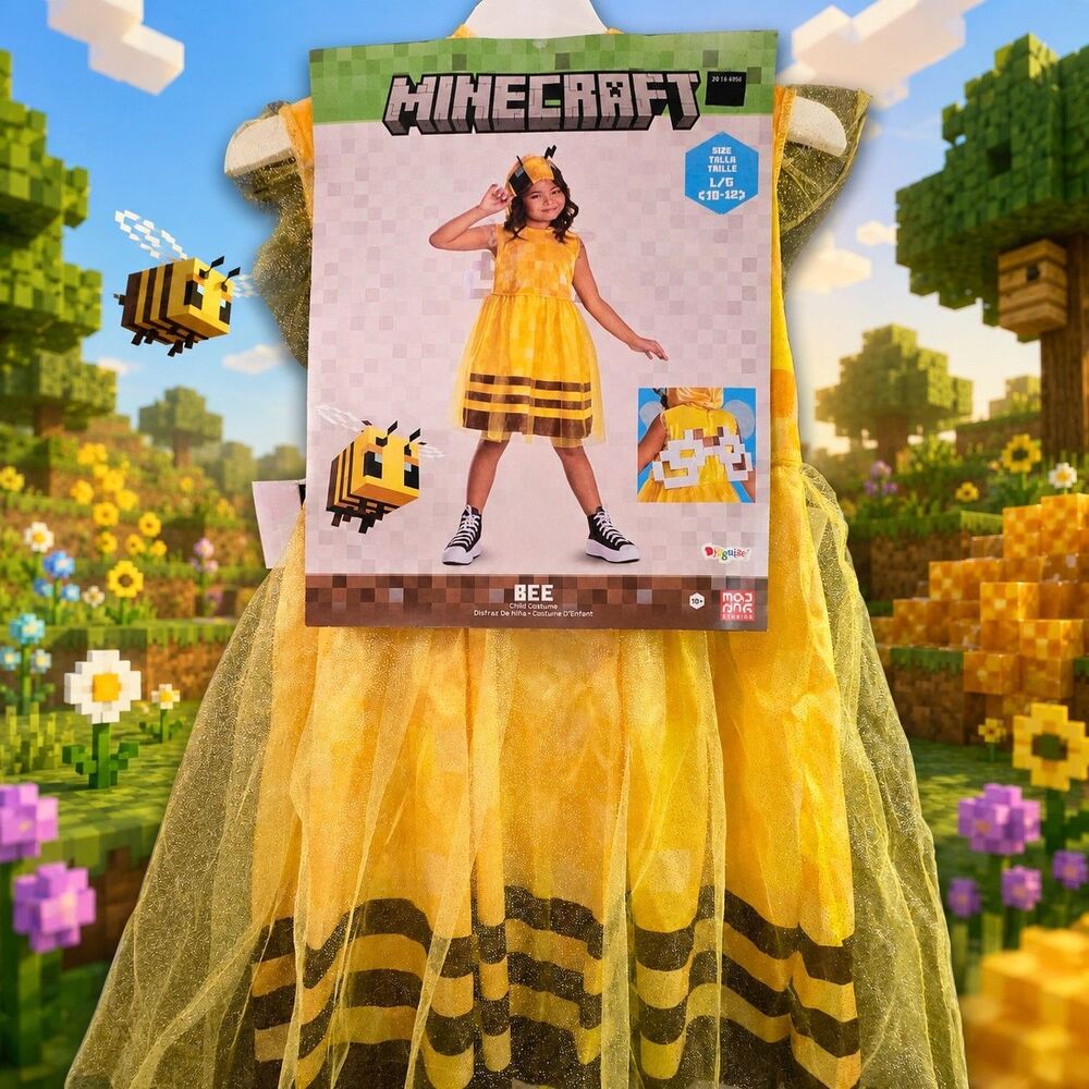 Minecraft Bee Costume Kids L 10-12 Hooded Dress Wings Halloween NWT Video Game